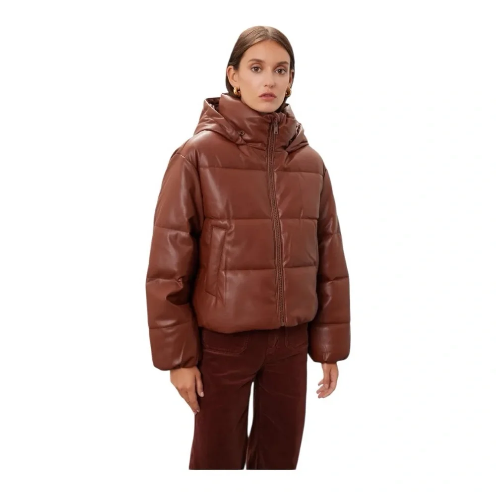 OOF Faux Leather Puffer Jacket Coat with Hood Brown Size IT 42 / US 6